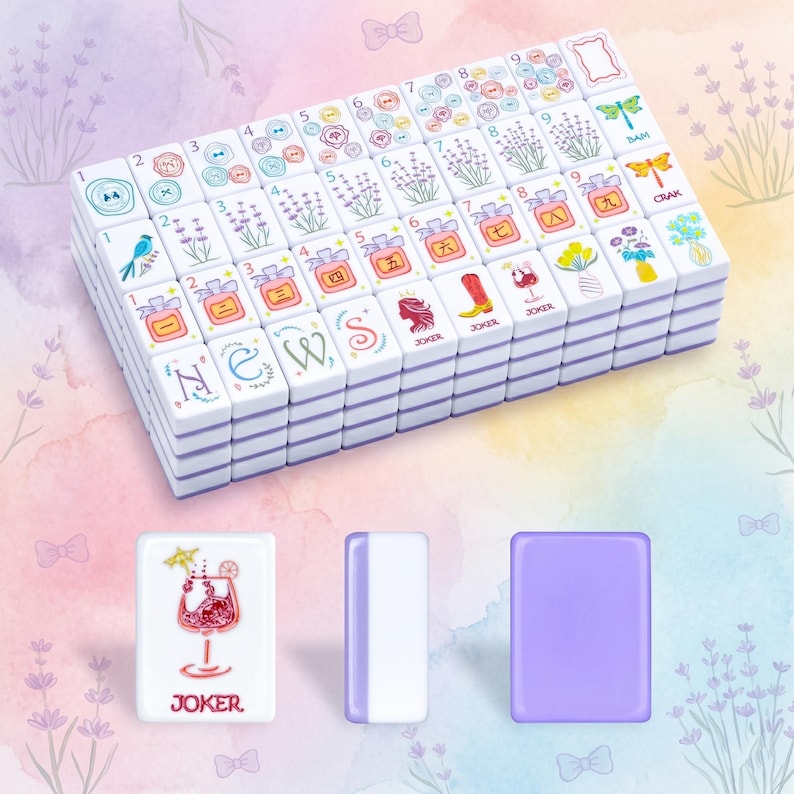 May include: A complete Mahjong set with white tiles featuring colorful illustrations of flowers, birds, and other symbols. The set includes tiles with the word "JOKER" and numbers. The background is a watercolor wash of lavender and purple.