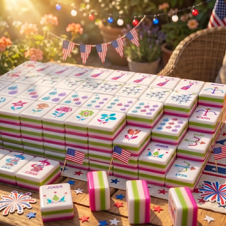 K&ouml;nnte beinhalten: Ein farbenfrohes Mahjong-Set mit wei&szlig;en Spielsteinen, die verschiedene Symbole und florale Designs aufweisen. Die Spielsteine sind auf einer Holzoberfl&auml;che gestapelt, die mit amerikanischen Flaggen und sternf&ouml;rmigem Konfetti verziert ist. Ideal f&uuml;r einen Spieleabend.