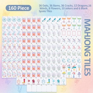 May include: A 160-piece Mahjong tile set. The tiles are white with various symbols, numbers, and characters. The set includes tiles with dots, bams, cracks, dragons, winds, flowers, jokers, and blank spare tiles. The text "MAHJONG TILES" is visible.