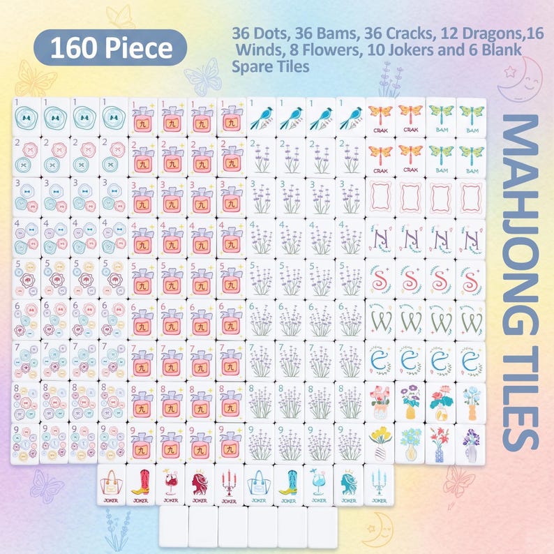 May include: A 160-piece Mahjong tile set. The tiles are white with various symbols, numbers, and characters. The set includes tiles with dots, bams, cracks, dragons, winds, flowers, jokers, and blank spare tiles. The text "MAHJONG TILES" is visible.