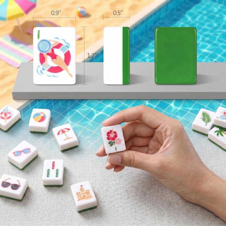 May include: A set of white and green Mahjong tiles with beach-themed illustrations. One tile is held in a hand, displaying a red flower. The tiles measure approximately 0.9" x 1.2" and 0.5" in width. The background shows a pool and beach scene.