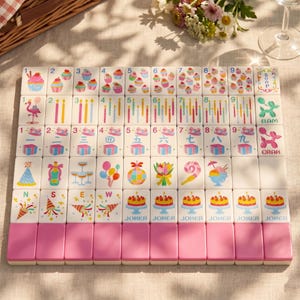 May include: A set of birthday-themed Mahjong tiles with pink and white tiles. The tiles feature cupcakes, candles, presents, and cake designs. The set includes joker tiles and tiles with the numbers 1-9.
