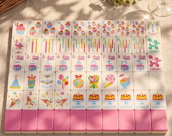 Carreaux de mahjong édition fête d'anniversaire | Ensemble de 160 carreaux de mahjong en mélamine rose