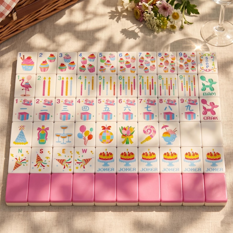May include: A set of birthday-themed Mahjong tiles with pink and white tiles. The tiles feature cupcakes, candles, presents, and cake designs. The set includes joker tiles and tiles with the numbers 1-9.