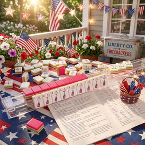 K&ouml;nnte beinhalten: Eine festliche Szene im Freien mit einem Mahjong-Set, amerikanischen Flaggen und patriotischen Dekorationen. Die Spielsteine sind wei&szlig; mit rosa und gr&uuml;nen Akzenten. Ein Korb mit Feuerwerk und eine Vintage-Blechdose mit 'Liberty Co. Firecrackers' erg&auml;nzen das Thema.