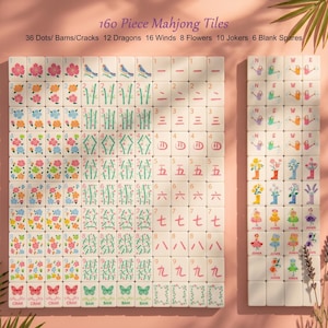 May include: A set of 160-piece Mahjong tiles, featuring various symbols, numbers, and characters. The tiles are white with colorful illustrations of flowers, birds, and bamboo. The set includes Jokers and blank spares.