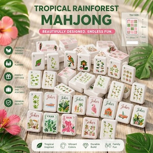 May include: A set of white Mahjong tiles featuring tropical designs including parrots, flamingos, and plants. The tiles are labelled with numbers and the word Joker. A diagram shows the tile size as 36mm by 25mm by 11mm. The text reads Tropical Rainforest Mahjong.