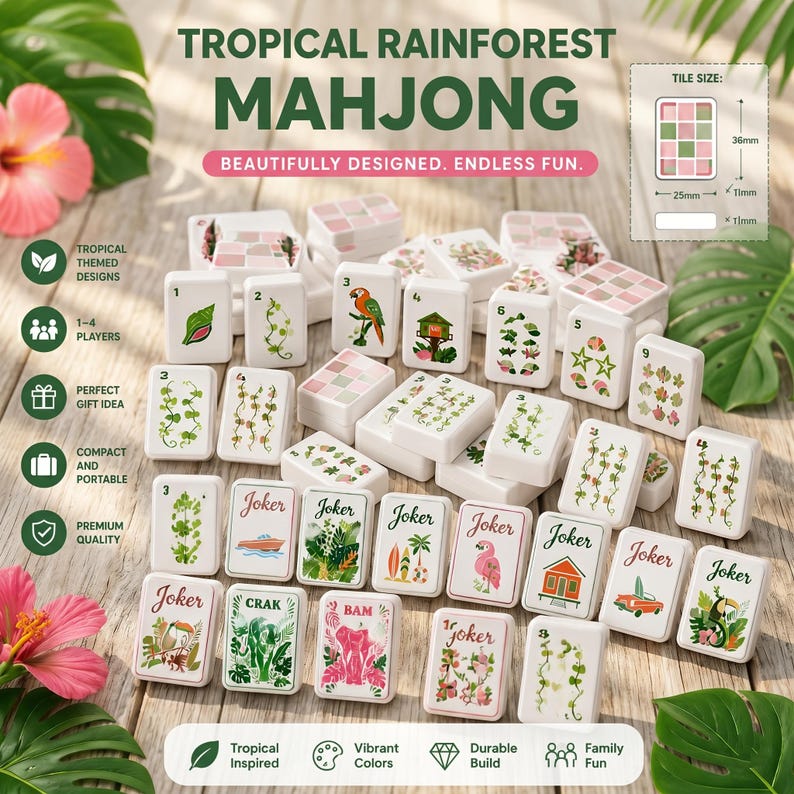 May include: A set of white Mahjong tiles featuring tropical designs including parrots, flamingos, and plants. The tiles are labelled with numbers and the word Joker. A diagram shows the tile size as 36mm by 25mm by 11mm. The text reads Tropical Rainforest Mahjong.