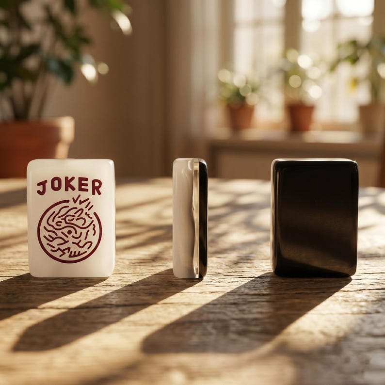 Puede incluir: Tres piezas de juego rectangulares sobre una superficie de madera. Una pieza es blanca con la palabra "JOKER" y un dise&ntilde;o circular rojo. La segunda pieza es plateada y la tercera es negra. Las piezas proyectan largas sombras.