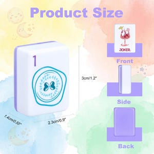 May include: A white Mahjong tile with the number 1 in purple, and a teal butterfly design. The tile is 0.9 inches wide, 0.55 inches thick, and 1.2 inches tall. The image also shows a Joker card and the words "Product Size".