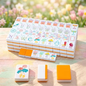 May include: A white Mahjong set with orange trim, featuring floral and number designs. The tiles display various illustrations, including flowers, birds, and the letters "NSWE". Some tiles have the word "JOKER". The set is arranged on a wooden surface.