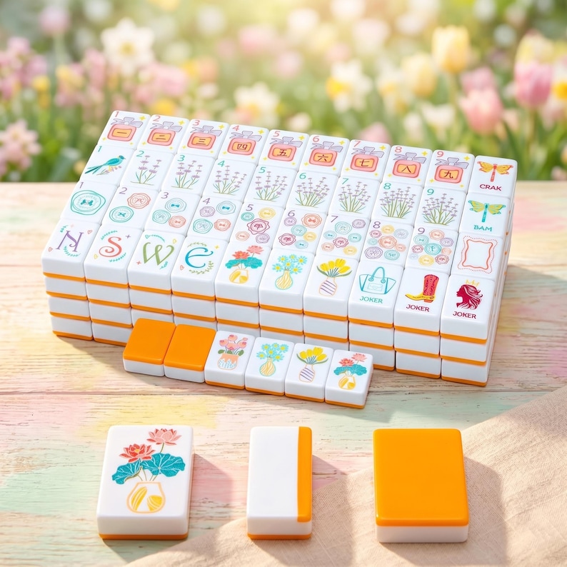 May include: A white Mahjong set with orange trim, featuring floral and number designs. The tiles display various illustrations, including flowers, birds, and the letters "NSWE". Some tiles have the word "JOKER". The set is arranged on a wooden surface.