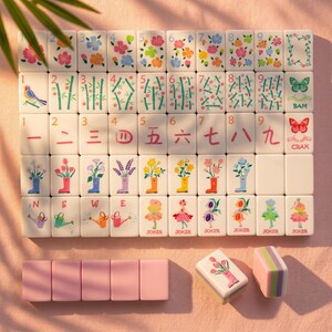 May include: A complete Mahjong set with white tiles featuring colorful floral and bamboo designs. The set includes pink racks, and two additional tiles with flower and stripe designs. The tiles display numbers, Chinese characters, and English letters.