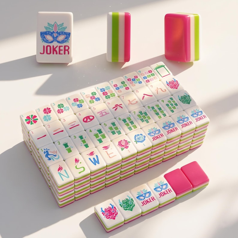 May include: A set of white and pink Mahjong tiles with green and pink striped edges. The tiles feature various symbols, numbers, and the word "JOKER". Some tiles have floral and mask designs. The game pieces are stacked and arranged on a white surface.