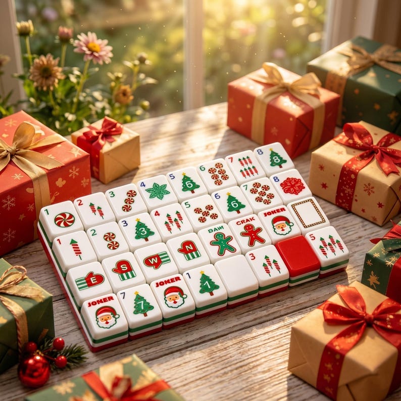 May include: A Christmas-themed Mahjong set with white tiles featuring festive symbols like Christmas trees, Santa, and snowflakes. The set is surrounded by wrapped gift boxes with red and green paper and gold ribbons, creating a holiday atmosphere.