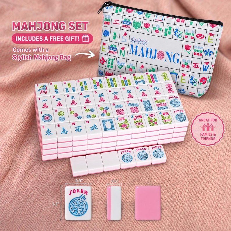 May include: A Mahjong set with white tiles featuring colorful symbols and characters, including a "Joker" tile. The set includes a stylish bag with a floral and character design. The set is designed for family and friends.