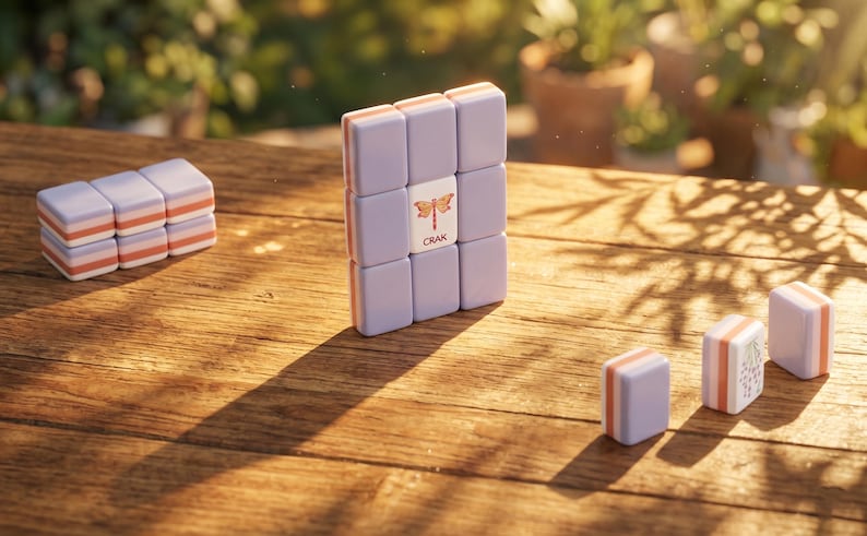 May include: A set of lavender and orange game tiles arranged on a wooden surface. The tiles are rectangular with a dragonfly graphic and the word "CRAK" on one tile. Additional tiles are stacked and scattered nearby.
