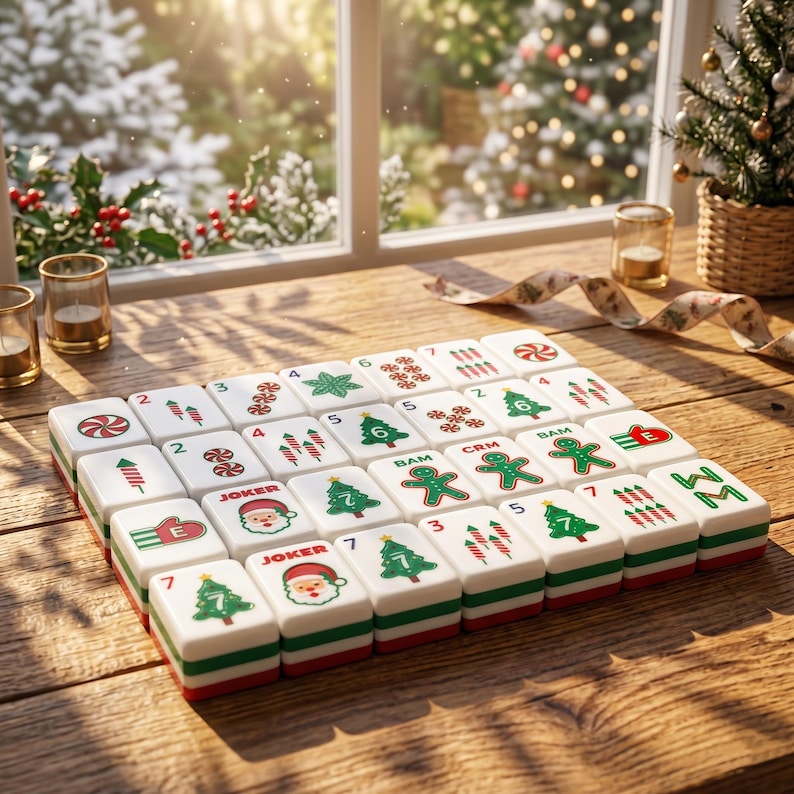 May include: A Christmas-themed Mahjong set with white tiles featuring festive symbols like Christmas trees, gingerbread men, and Santa Claus. The tiles are arranged on a wooden surface, with a snowy outdoor scene visible through a window.