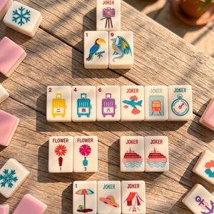 May include: A collection of ivory-colored Mahjong tiles with various colorful illustrations, including a toucan, a dragon, suitcases, and flowers. Some tiles have the word "JOKER" printed on them. The tiles are arranged on a wooden surface.
