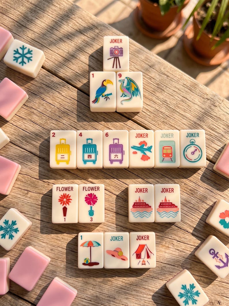 May include: A collection of ivory-colored Mahjong tiles with various colorful illustrations, including a toucan, a dragon, suitcases, and flowers. Some tiles have the word "JOKER" printed on them. The tiles are arranged on a wooden surface.