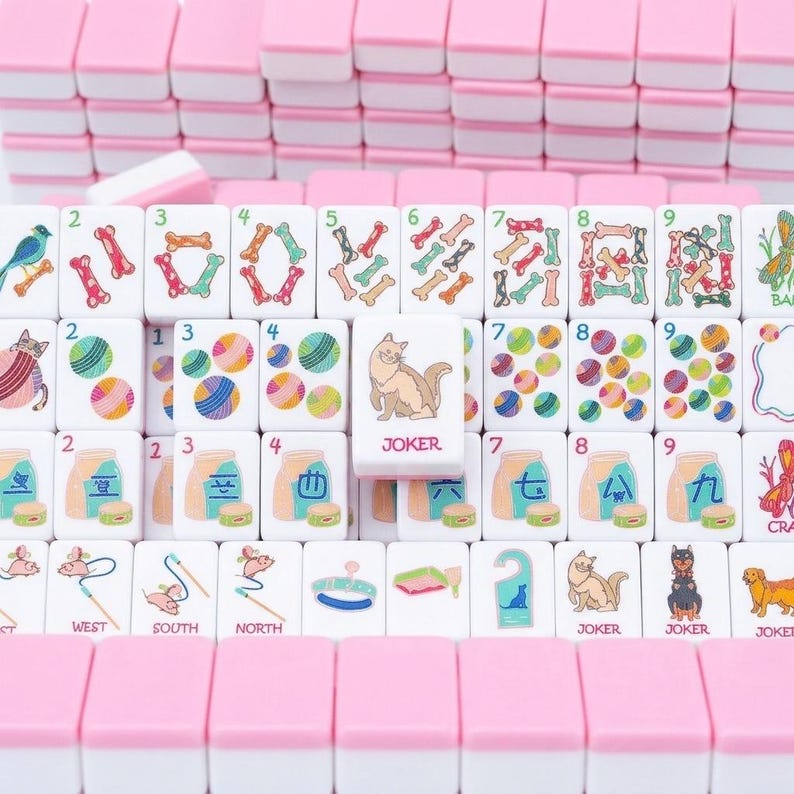 May include: A set of Mahjong tiles in pink and white. The tiles display illustrations of bones, birds, and cats. One tile is marked "JOKER". The tiles are arranged in rows, with pink-topped tiles stacked in the background, creating a visually appealing pattern.