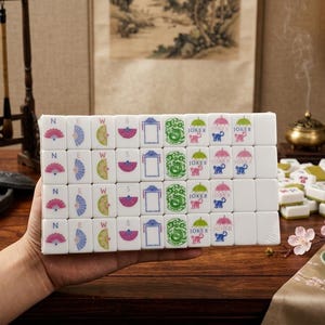 May include: A set of white rectangular Mahjong tiles arranged in a grid, featuring colorful engraved designs including fans, the letters N, E, W, S, blue frames, green dragons, and pink or blue monkeys labeled with the word JOKER and umbrella icons.