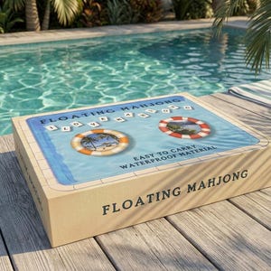 May include: A rectangular box labeled FLOATING MAHJONG with a light blue top featuring a pool graphic, two life preserver rings, and the text I LOVE MAHJONG. The box sides are tan, and the lid includes the text EASY TO CARRY WATERPROOF MATERIAL.