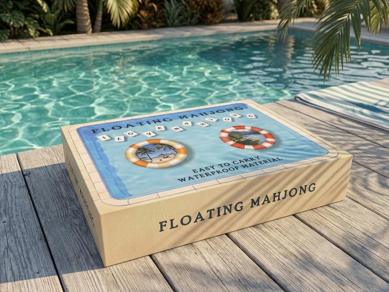 May include: A rectangular box labeled FLOATING MAHJONG with a light blue top featuring a pool graphic, two life preserver rings, and the text I LOVE MAHJONG. The box sides are tan, and the lid includes the text EASY TO CARRY WATERPROOF MATERIAL.