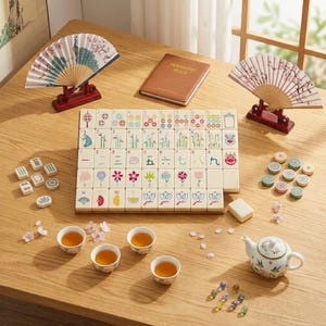 May include: A complete Mahjong set with tiles, dice, and accessories arranged on a wooden table. The set includes a brown notebook with the text "MAHJONG RULE", decorative fans, tea cups, and a teapot. The tiles are decorated with colorful symbols.