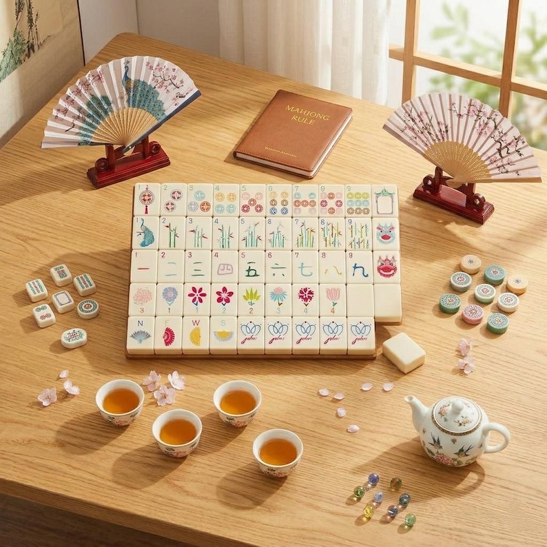 May include: A complete Mahjong set with tiles, dice, and accessories arranged on a wooden table. The set includes a brown notebook with the text "MAHJONG RULE", decorative fans, tea cups, and a teapot. The tiles are decorated with colorful symbols.