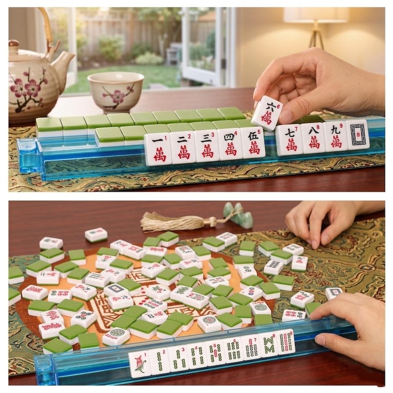 May include: A two-part image showcasing a Mahjong set. The top image shows a hand selecting a tile from a row of tiles. The bottom image shows a collection of tiles scattered on a patterned surface, with hands arranging them. The tiles are white with green backs.