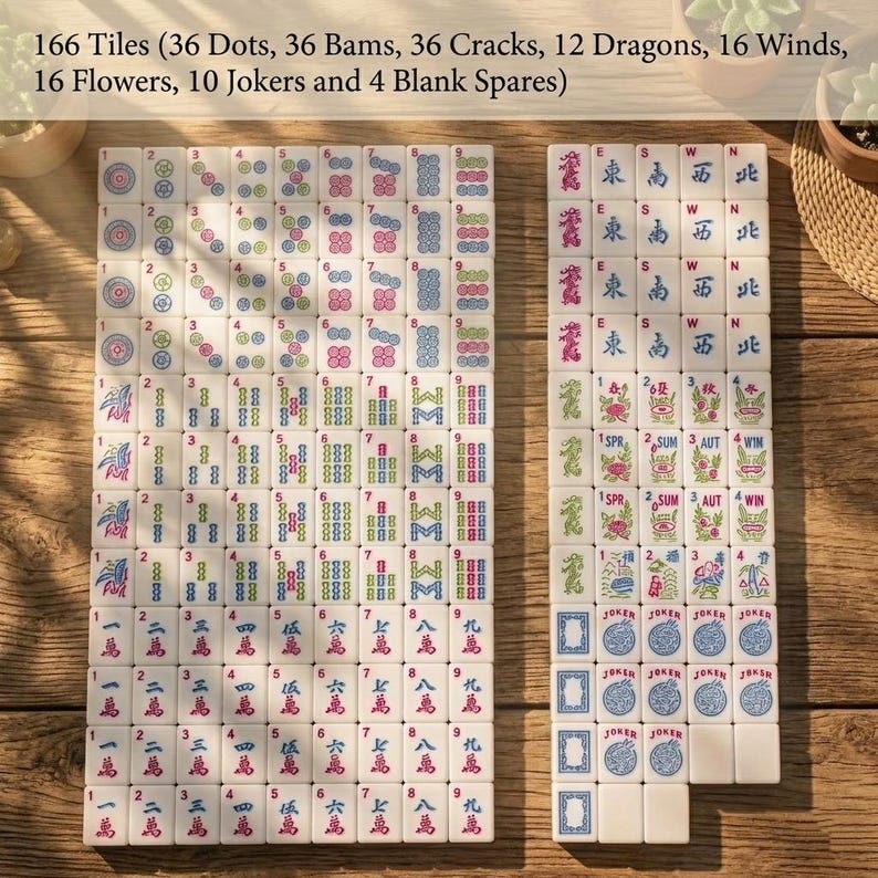 May include: A set of 166 mahjong tiles arranged on a wooden surface, including dots, bams, cracks, dragons, winds, flowers, jokers, and blank spares. The tiles feature colorful engraved symbols, numbers, and Chinese characters in red, blue, and green.