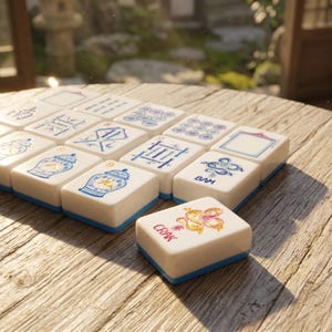 May include: A set of white Mahjong tiles with blue trim, arranged on a wooden surface. The tiles feature various symbols and illustrations in blue and gold, including dragons and Chinese characters. One tile displays the word "CRAK".
