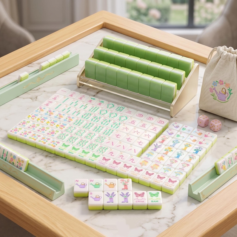 May include: A complete mahjong set with green tiles, a wooden rack, and dice. The tiles feature colorful floral and butterfly designs. A small drawstring bag with a floral watering can design is also included.