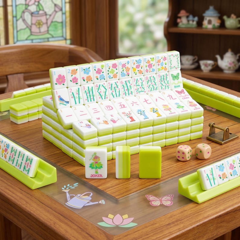 May include: A complete Mahjong set with white tiles featuring green edges and colorful floral and character designs. The set includes dice, tile racks, and a wooden game table. The tiles are stacked in a display.