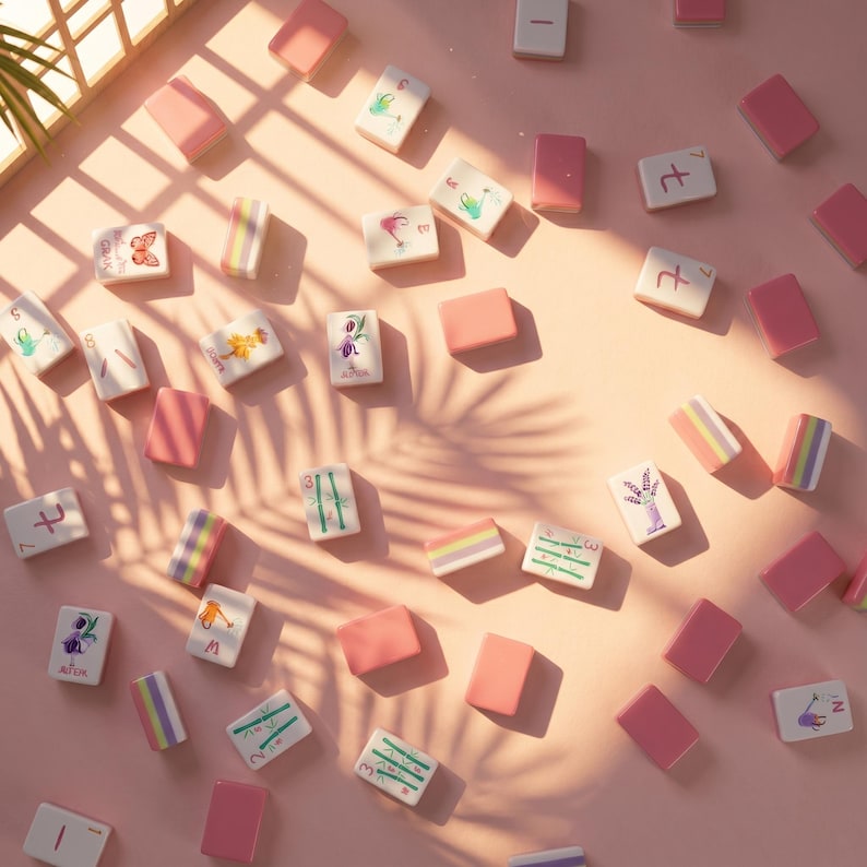 May include: A collection of pink and white Mahjong tiles scattered on a pink surface. Some tiles feature colorful illustrations of flowers, butterflies, and other designs. The tiles are rectangular and have various symbols and numbers.