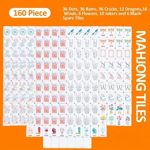 May include: A 160-piece Mahjong tile set with various symbols and numbers. The tiles are white with colorful illustrations and Chinese characters. The set includes dots, bams, cracks, dragons, winds, flowers, jokers, and spare tiles. The text "MAHJONG TILES" is visible.