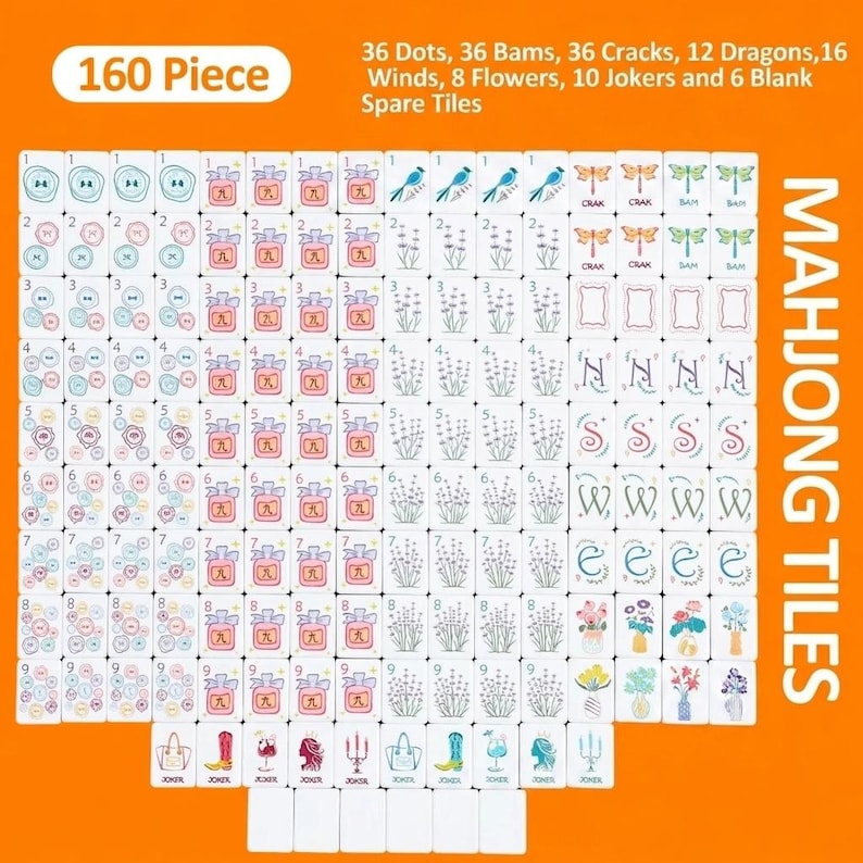 May include: A 160-piece Mahjong tile set with various symbols and numbers. The tiles are white with colorful illustrations and Chinese characters. The set includes dots, bams, cracks, dragons, winds, flowers, jokers, and spare tiles. The text "MAHJONG TILES" is visible.