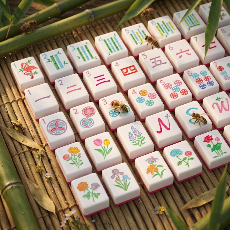 May include: A set of white Mahjong tiles with pink edges, featuring various symbols, numbers, and floral designs. The tiles are arranged on a bamboo mat, with bees visible. The game pieces include Chinese characters and Western numerals.