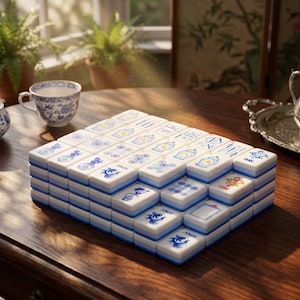Puede incluir: Un conjunto de fichas de Mahjong blancas y azules, con varios s&iacute;mbolos y dise&ntilde;os. Las fichas est&aacute;n apiladas sobre una mesa de madera oscura, con una taza de t&eacute; y plantas en el fondo. Las fichas tienen detalles azules y est&aacute;n bien ordenadas.