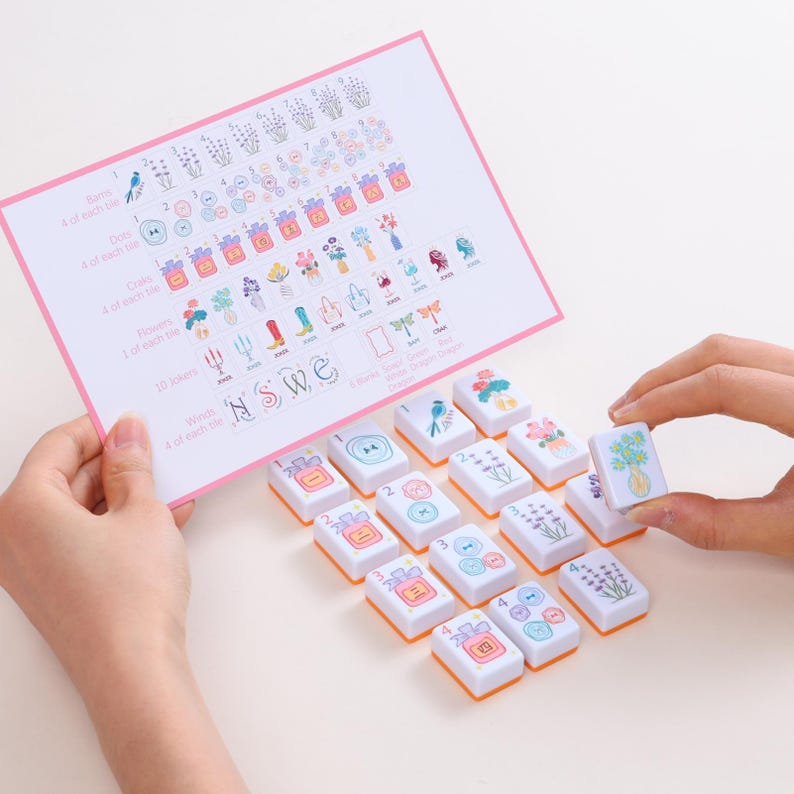 May include: A set of white and orange Mahjong tiles with various colorful illustrations, including flowers, birds, and buttons. A pink paper with matching illustrations and text is held in the background. The tiles are being held by a person.