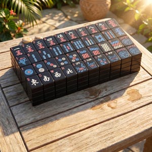 May include: A set of black Mahjong tiles arranged in a rectangular block. Each tile features engraved characters, numbers, and symbols in red, blue, and white. The tiles display various markings including Chinese numerals, directional letters, and seasonal icons.