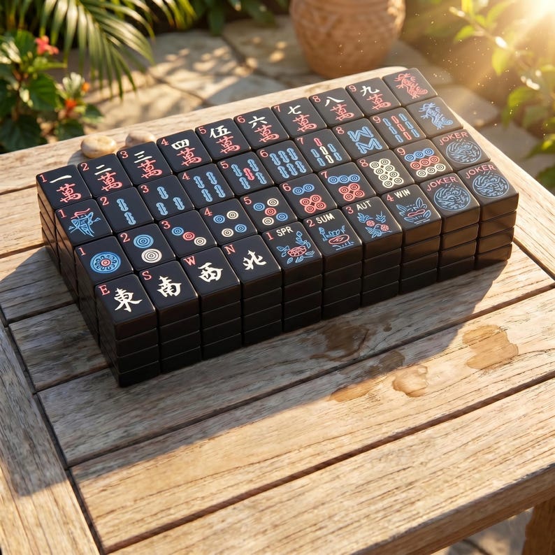 May include: A set of black Mahjong tiles arranged in a rectangular block. Each tile features engraved characters, numbers, and symbols in red, blue, and white. The tiles display various markings including Chinese numerals, directional letters, and seasonal icons.