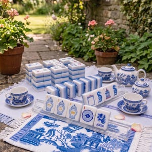 May include: A blue and white porcelain Mahjong set with matching tea set, including a teapot, sugar bowl, and teacups. The tiles are stacked and arranged on a white mat with a blue landscape design. The scene is set outdoors.