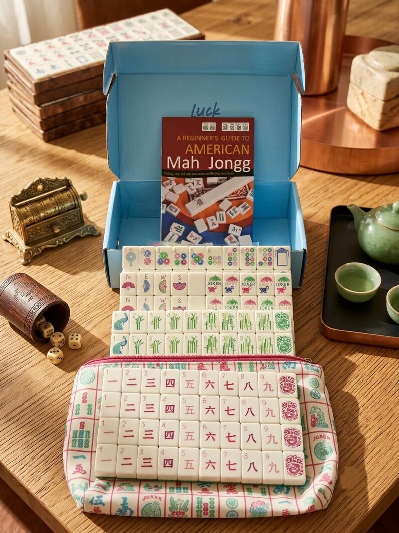 May include: A Mah Jongg game set featuring a light blue storage box, a beginner's guide booklet, and numerous white tiles with colorful symbols, numbers, and characters. The set includes a patterned fabric pouch and a wooden dice cup with dice.