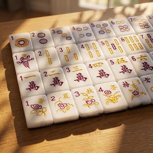 Puede incluir: Primer plano de un juego de Mahjong con fichas blancas. Las fichas presentan varios s&iacute;mbolos y n&uacute;meros en rojo y dorado. El juego est&aacute; dispuesto sobre una superficie de madera, con algunos dise&ntilde;os florales.