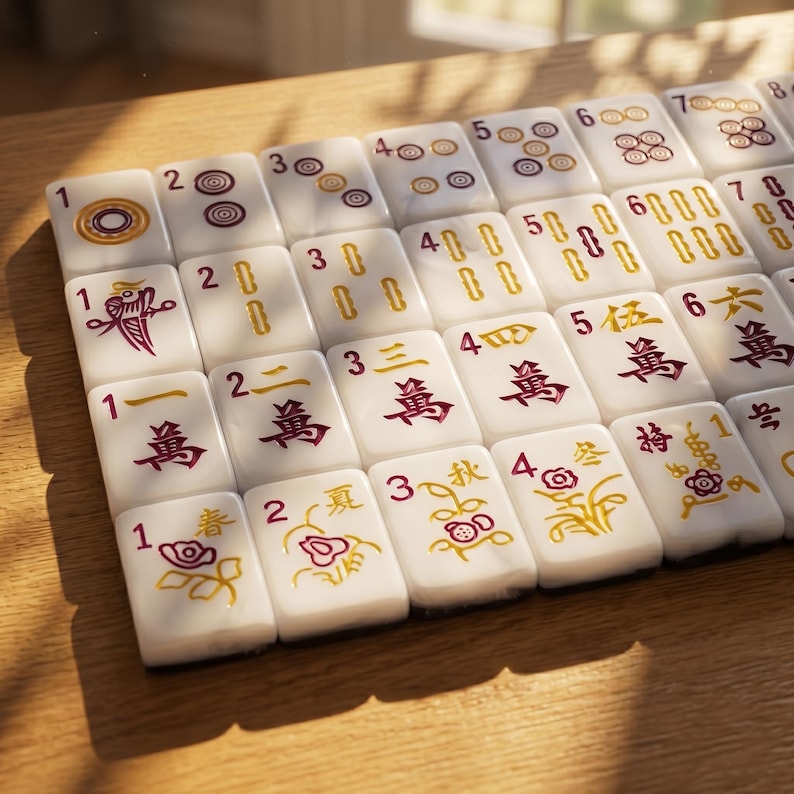 Puede incluir: Primer plano de un juego de Mahjong con fichas blancas. Las fichas presentan varios s&iacute;mbolos y n&uacute;meros en rojo y dorado. El juego est&aacute; dispuesto sobre una superficie de madera, con algunos dise&ntilde;os florales.