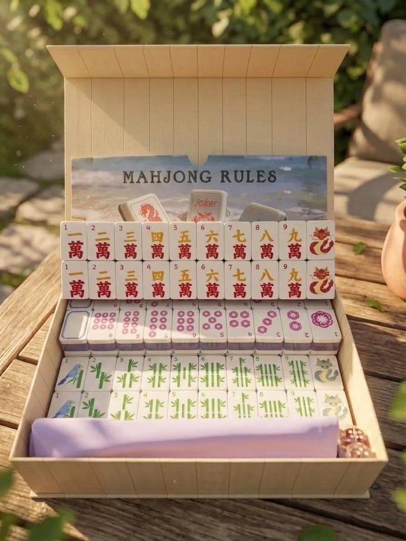 K&ouml;nnte beinhalten: Ein Mahjong-Spiel in einer hellen Holzschachtel mit einem Deckel, der den Text Mahjong Rules tr&auml;gt. Das Set enth&auml;lt wei&szlig;e Spielsteine mit roten chinesischen Schriftzeichen, gr&uuml;nen Bambusmustern und bunten Drachensymbolen, angeordnet in Reihen.