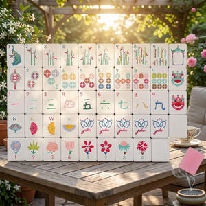 May include: A set of white Mahjong tiles arranged in a grid, featuring colorful illustrations of bamboo, circular patterns, Chinese numerals, fans, flowers, and dragon heads. Some tiles display the word joker in a cursive script font.