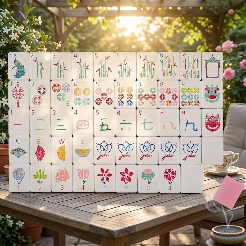 May include: A set of white Mahjong tiles arranged in a grid, featuring colorful illustrations of bamboo, circular patterns, Chinese numerals, fans, flowers, and dragon heads. Some tiles display the word joker in a cursive script font.